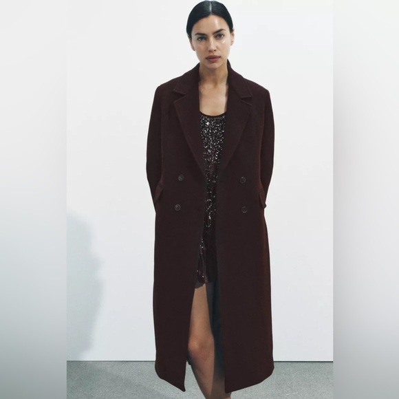 Zara Burgundy WOOL BLEND DOUBLE BREASTED COAT ZW COLLECTION